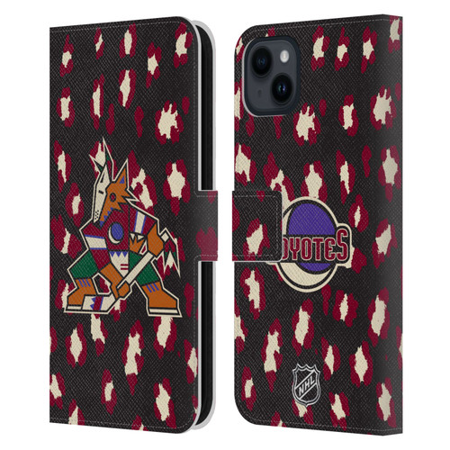 NHL Arizona Coyotes Leopard Patten Leather Book Wallet Case Cover For Apple iPhone 15 Plus