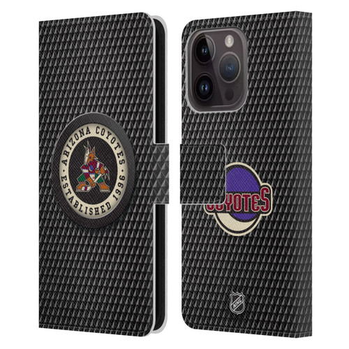 NHL Arizona Coyotes Puck Texture Leather Book Wallet Case Cover For Apple iPhone 15 Pro