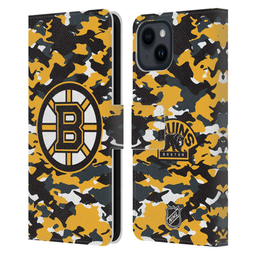 NHL Boston Bruins Camouflage Leather Book Wallet Case Cover For Apple iPhone 15