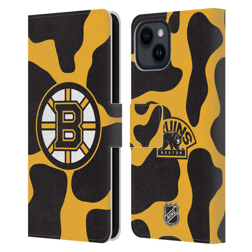 NHL Boston Bruins Cow Pattern Leather Book Wallet Case Cover For Apple iPhone 15