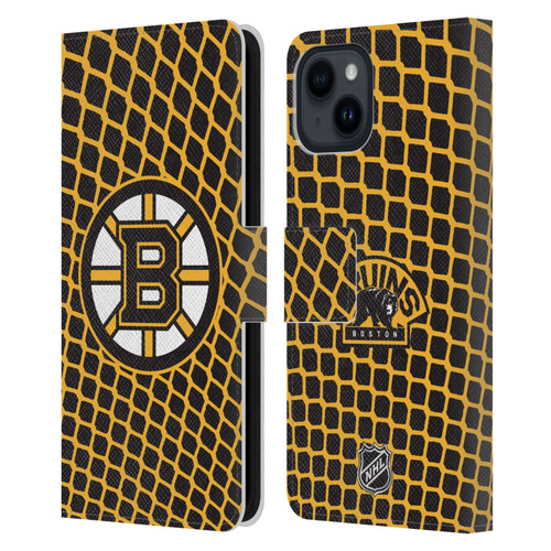 NHL Boston Bruins Net Pattern Leather Book Wallet Case Cover For Apple iPhone 15