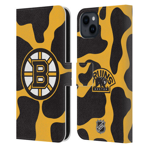 NHL Boston Bruins Cow Pattern Leather Book Wallet Case Cover For Apple iPhone 15 Plus