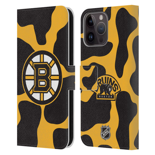NHL Boston Bruins Cow Pattern Leather Book Wallet Case Cover For Apple iPhone 15 Pro Max