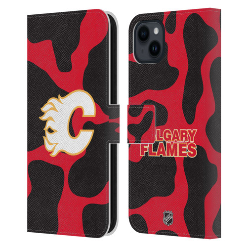 NHL Calgary Flames Cow Pattern Leather Book Wallet Case Cover For Apple iPhone 15 Plus