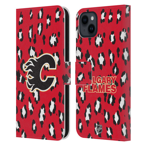 NHL Calgary Flames Leopard Patten Leather Book Wallet Case Cover For Apple iPhone 15 Plus