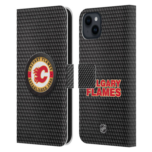NHL Calgary Flames Puck Texture Leather Book Wallet Case Cover For Apple iPhone 15 Plus