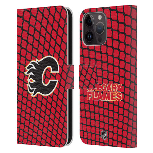 NHL Calgary Flames Net Pattern Leather Book Wallet Case Cover For Apple iPhone 15 Pro Max