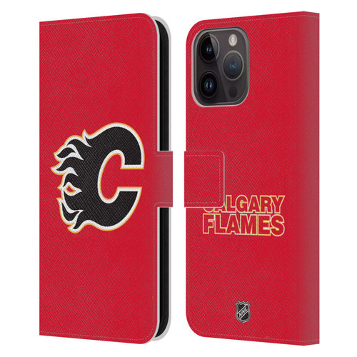 NHL Calgary Flames Plain Leather Book Wallet Case Cover For Apple iPhone 15 Pro Max