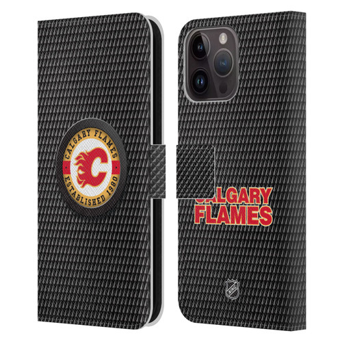 NHL Calgary Flames Puck Texture Leather Book Wallet Case Cover For Apple iPhone 15 Pro Max