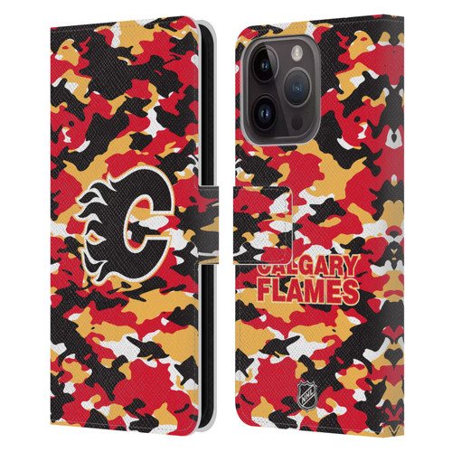 NHL Calgary Flames Camouflage Leather Book Wallet Case Cover For Apple iPhone 15 Pro