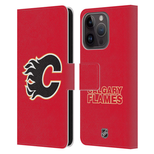 NHL Calgary Flames Plain Leather Book Wallet Case Cover For Apple iPhone 15 Pro