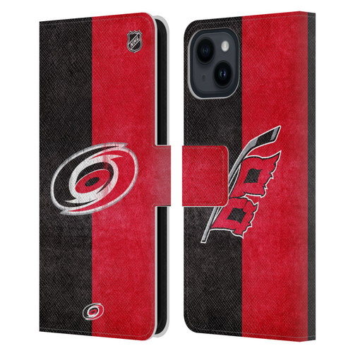 NHL Carolina Hurricanes Half Distressed Leather Book Wallet Case Cover For Apple iPhone 15