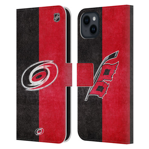 NHL Carolina Hurricanes Half Distressed Leather Book Wallet Case Cover For Apple iPhone 15 Plus