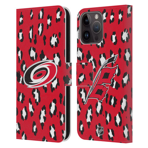 NHL Carolina Hurricanes Leopard Patten Leather Book Wallet Case Cover For Apple iPhone 15 Pro Max