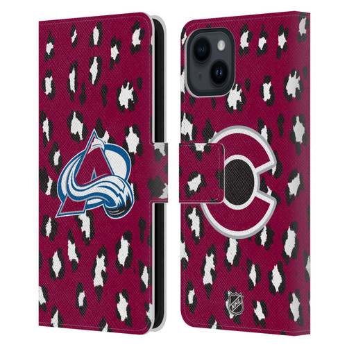 NHL Colorado Avalanche Leopard Patten Leather Book Wallet Case Cover For Apple iPhone 15