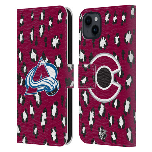 NHL Colorado Avalanche Leopard Patten Leather Book Wallet Case Cover For Apple iPhone 15 Plus