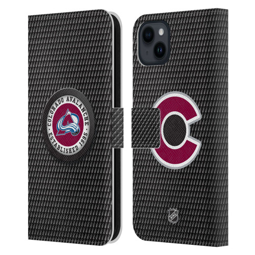 NHL Colorado Avalanche Puck Texture Leather Book Wallet Case Cover For Apple iPhone 15 Plus