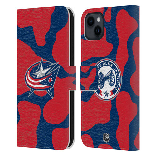 NHL Columbus Blue Jackets Cow Pattern Leather Book Wallet Case Cover For Apple iPhone 15 Plus