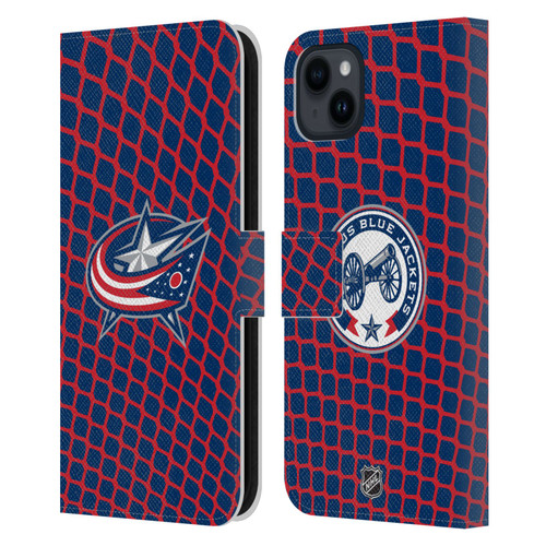 NHL Columbus Blue Jackets Net Pattern Leather Book Wallet Case Cover For Apple iPhone 15 Plus