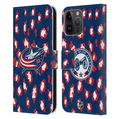 NHL Columbus Blue Jackets Leopard Patten Leather Book Wallet Case Cover For Apple iPhone 15 Pro Max