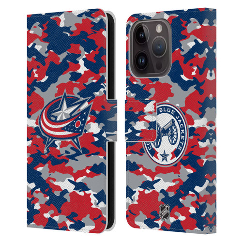 NHL Columbus Blue Jackets Camouflage Leather Book Wallet Case Cover For Apple iPhone 15 Pro