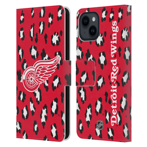 NHL Detroit Red Wings Leopard Patten Leather Book Wallet Case Cover For Apple iPhone 15