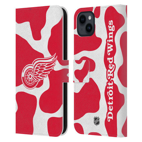 NHL Detroit Red Wings Cow Pattern Leather Book Wallet Case Cover For Apple iPhone 15 Plus