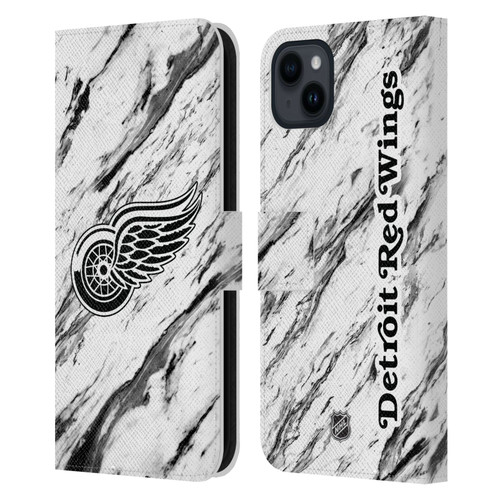 NHL Detroit Red Wings Marble Leather Book Wallet Case Cover For Apple iPhone 15 Plus