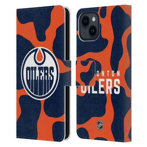 NHL Edmonton Oilers Cow Pattern Leather Book Wallet Case Cover For Apple iPhone 15