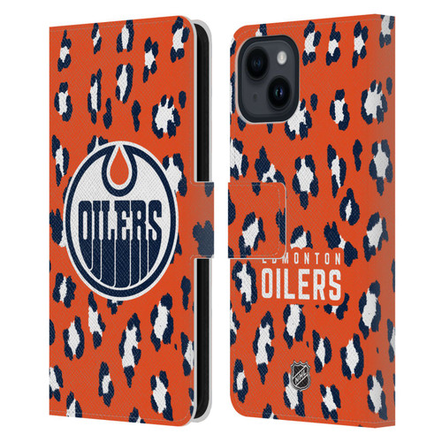 NHL Edmonton Oilers Leopard Patten Leather Book Wallet Case Cover For Apple iPhone 15