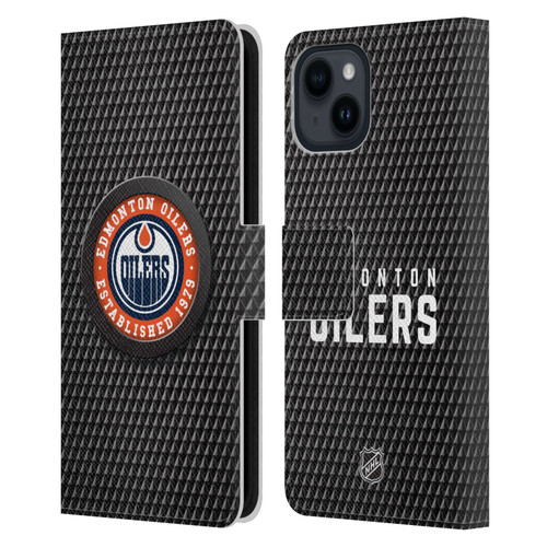 NHL Edmonton Oilers Puck Texture Leather Book Wallet Case Cover For Apple iPhone 15