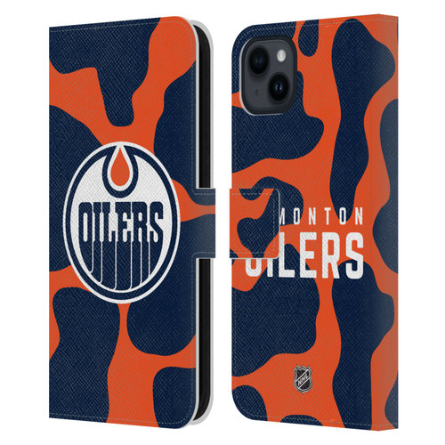 NHL Edmonton Oilers Cow Pattern Leather Book Wallet Case Cover For Apple iPhone 15 Plus