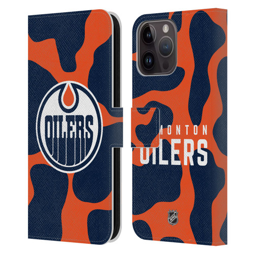 NHL Edmonton Oilers Cow Pattern Leather Book Wallet Case Cover For Apple iPhone 15 Pro Max