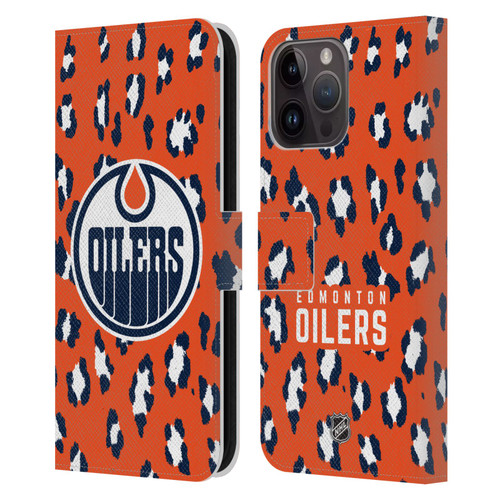 NHL Edmonton Oilers Leopard Patten Leather Book Wallet Case Cover For Apple iPhone 15 Pro Max