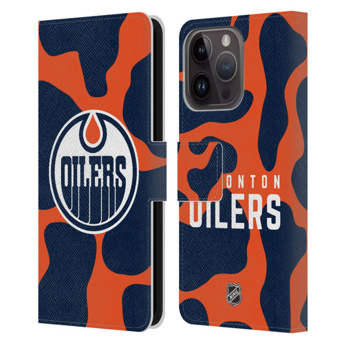 NHL Edmonton Oilers Cow Pattern Leather Book Wallet Case Cover For Apple iPhone 15 Pro