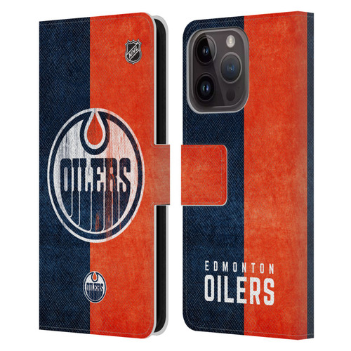 NHL Edmonton Oilers Half Distressed Leather Book Wallet Case Cover For Apple iPhone 15 Pro