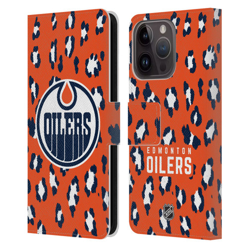 NHL Edmonton Oilers Leopard Patten Leather Book Wallet Case Cover For Apple iPhone 15 Pro