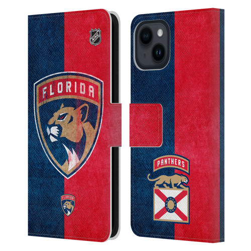 NHL Florida Panthers Half Distressed Leather Book Wallet Case Cover For Apple iPhone 15