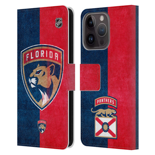 NHL Florida Panthers Half Distressed Leather Book Wallet Case Cover For Apple iPhone 15 Pro