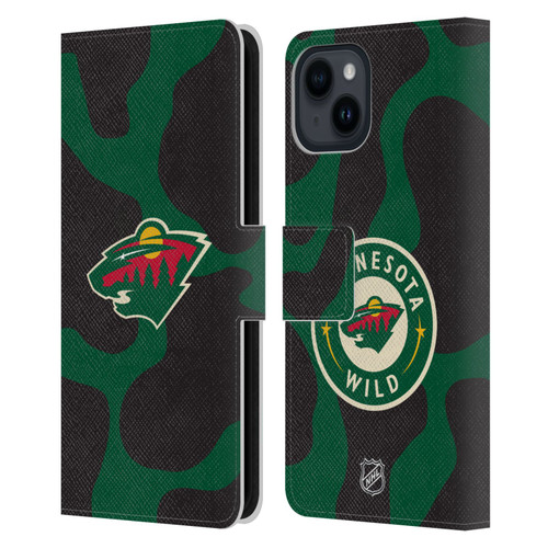 NHL Minnesota Wild Cow Pattern Leather Book Wallet Case Cover For Apple iPhone 15