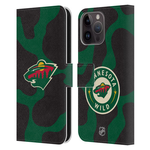 NHL Minnesota Wild Cow Pattern Leather Book Wallet Case Cover For Apple iPhone 15 Pro Max