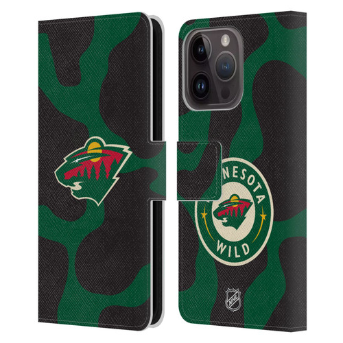 NHL Minnesota Wild Cow Pattern Leather Book Wallet Case Cover For Apple iPhone 15 Pro