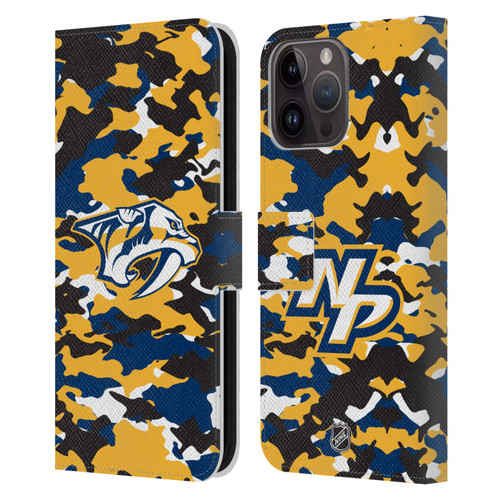 NHL Nashville Predators Camouflage Leather Book Wallet Case Cover For Apple iPhone 15 Pro Max