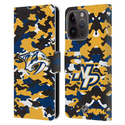 NHL Nashville Predators Camouflage Leather Book Wallet Case Cover For Apple iPhone 15 Pro