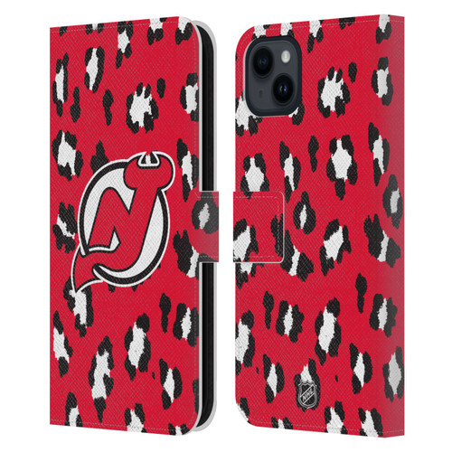 NHL New Jersey Devils Leopard Patten Leather Book Wallet Case Cover For Apple iPhone 15 Plus