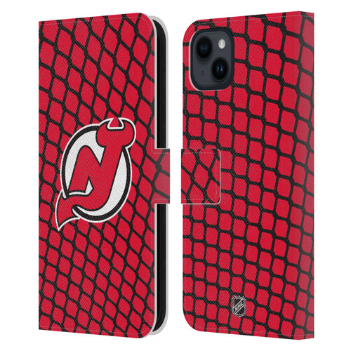 NHL New Jersey Devils Net Pattern Leather Book Wallet Case Cover For Apple iPhone 15 Plus