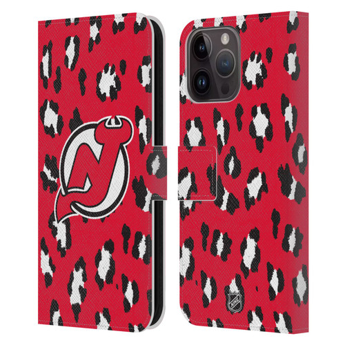 NHL New Jersey Devils Leopard Patten Leather Book Wallet Case Cover For Apple iPhone 15 Pro Max