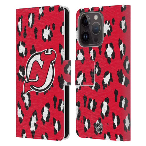 NHL New Jersey Devils Leopard Patten Leather Book Wallet Case Cover For Apple iPhone 15 Pro