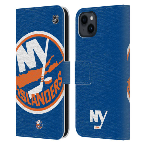 NHL New York Islanders Oversized Leather Book Wallet Case Cover For Apple iPhone 15 Plus