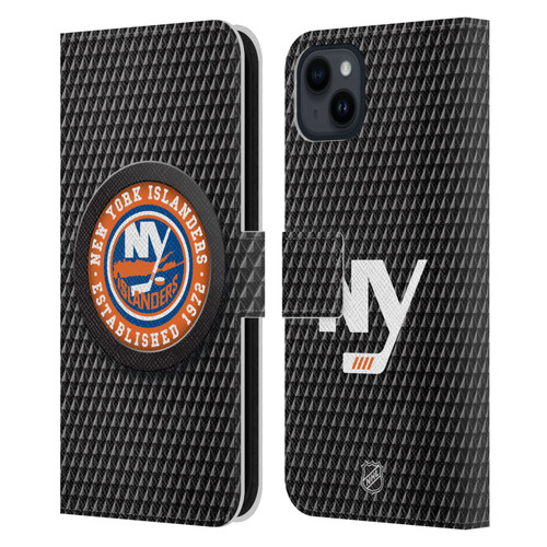 NHL New York Islanders Puck Texture Leather Book Wallet Case Cover For Apple iPhone 15 Plus